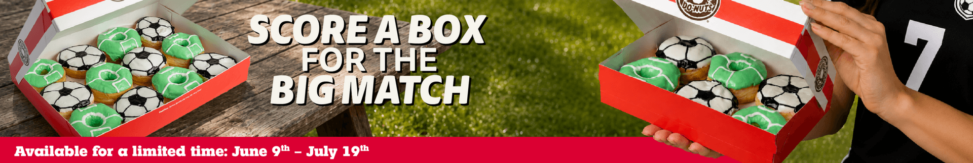 Soccer-themed Shipley Do-Nuts box with green field and soccer ball donuts, promoting the limited-time Big Match offer from June 9 to July 19.